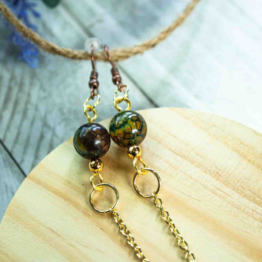 Emerald Green Agate Bead Dangle Earrings with Gold Chain
